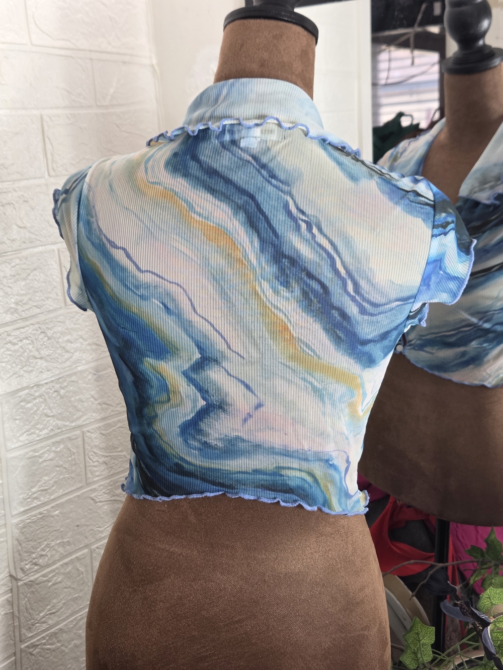 Urban Outfitters Blue Marble-Print Mesh Crop Top - Picture 4 of 6